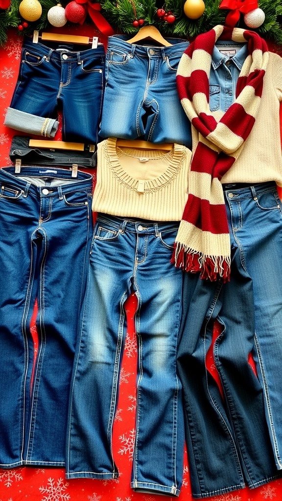 A collection of fashionable jeans in different styles on a festive background.